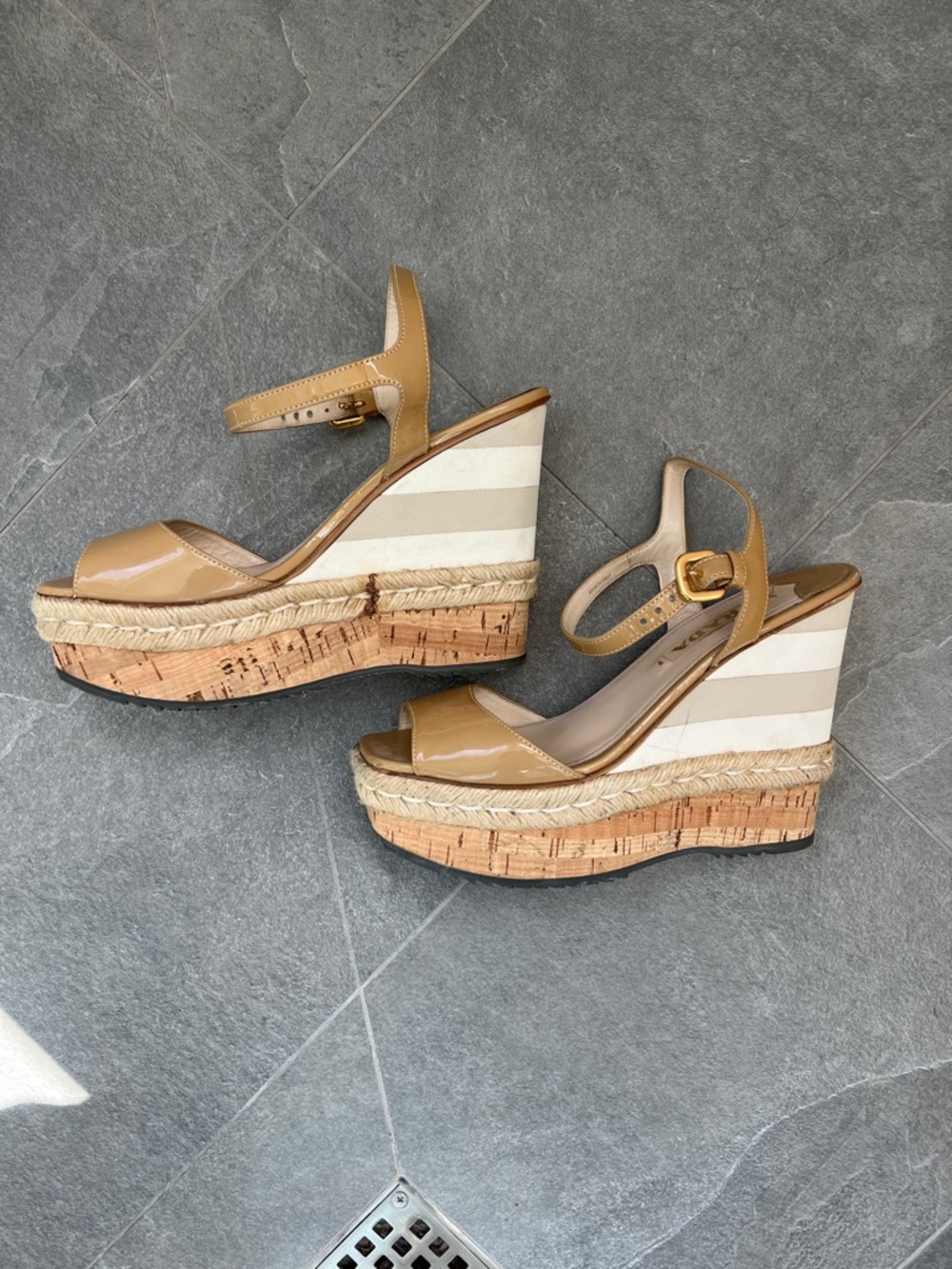 Prada Nude Patent Leather Espadrille Wedge Sandals - Picture 2 of 7